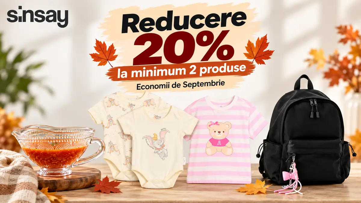 Banner Sinsay cu reducere 20%, două body-uri Dumbo, tricou roz cu ursuleț, rucsac negru și sosieră din sticlă.