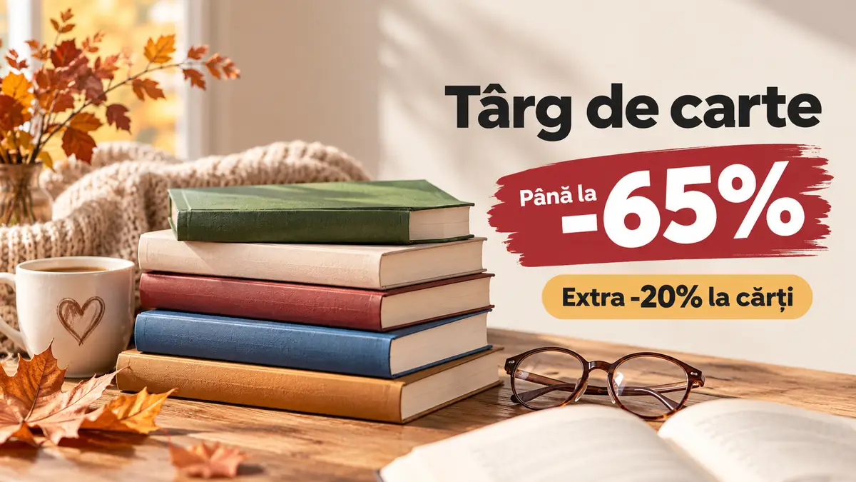 Cărți pe masă, cană și ochelari, cu text „Târg de carte”, până la -65% și extra -20% la cărți.