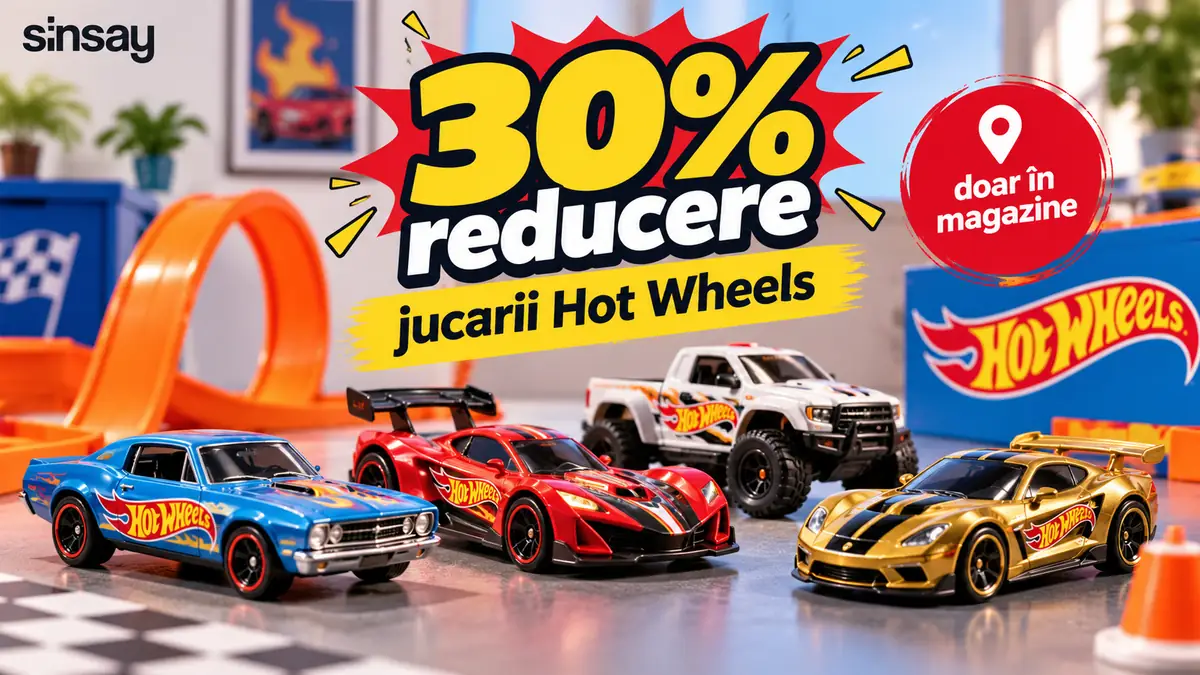 Mașinuțe Hot Wheels pe pistă, cu mesajul „30% reducere” și mențiunea „doar în magazine” la Sinsay.