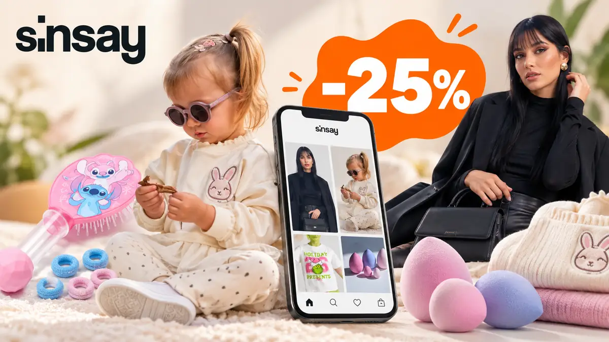 Banner Sinsay cu reducere de 25%, copil, femeie în ținută neagră, telefon, perie și bureței de machiaj.