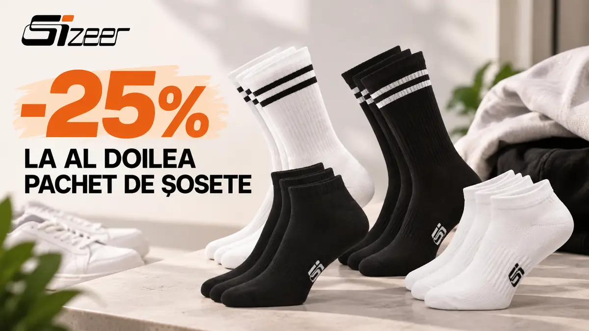 Șosete Sizeer albe și negre, cu mesaj promoțional de 25% reducere la al doilea pachet.