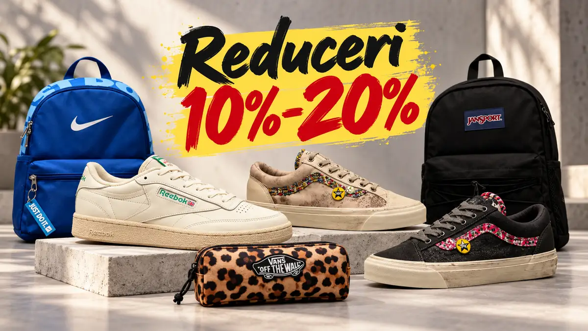 Pantofi sport, două rucsacuri și un penar, alături de mesajul „Reduceri 10%-20%”.