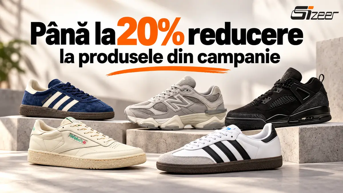 Cinci perechi de pantofi sport Sizeer, alături de mesajul „Până la 20% reducere la produsele din campanie”.