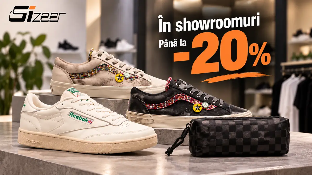 Trei perechi de pantofi sport și un penar negru într-un showroom Sizeer, cu mesajul „Până la -20%”.