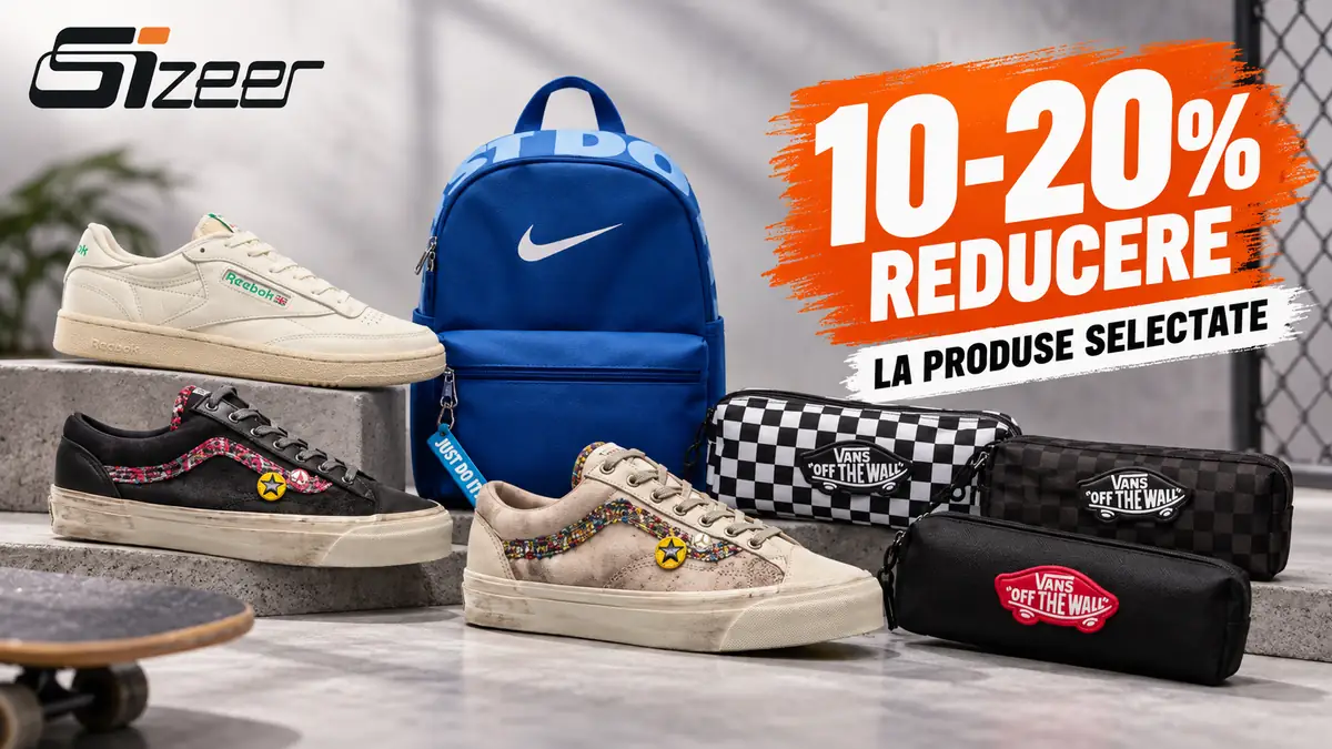 Pantofi sport, rucsac Nike și penare Vans, alături de logo Sizeer și textul „10-20% reducere la produse selectate”.
