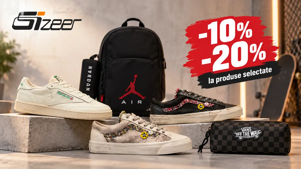 Pantofi sport, rucsac Jordan și penar Vans, cu logo Sizeer și reduceri de 10% și 20% la produse selectate.