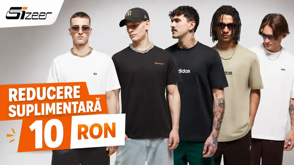 Reclamă Sizeer cu cinci bărbați în tricouri și mesajul „Reducere suplimentară 10 RON”.