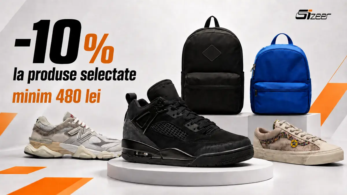Promoție Sizeer cu -10% la produse selectate, prezentând sneakers și rucsacuri pe fundal alb.