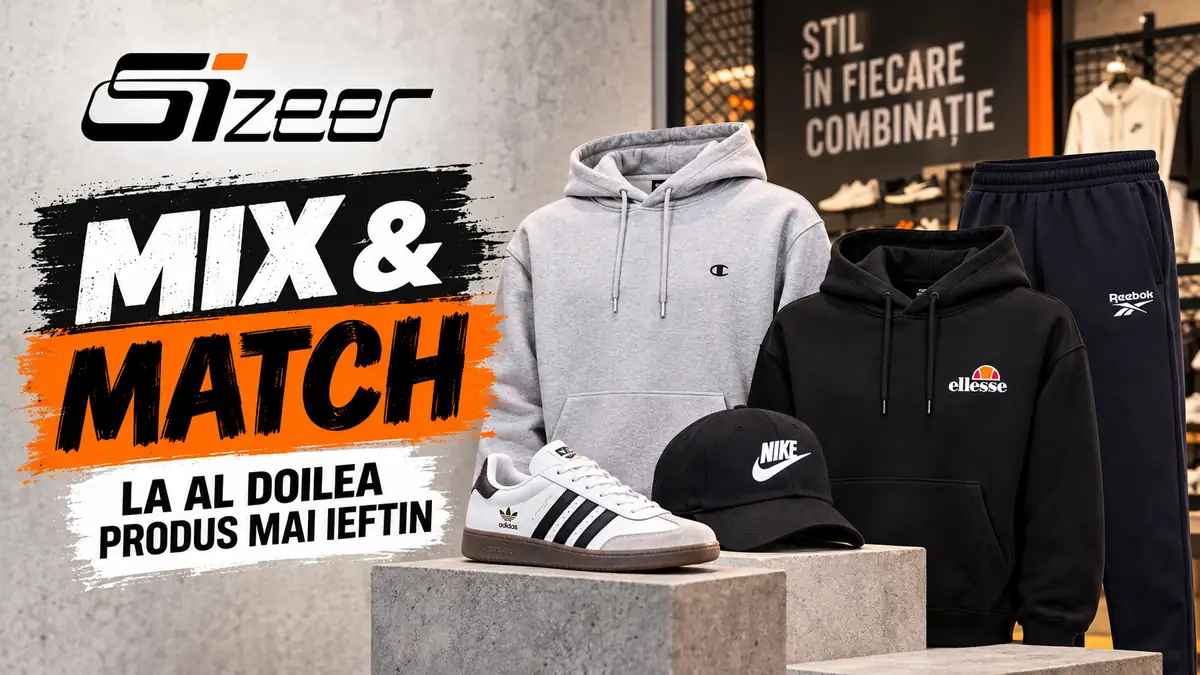 Hanorace, pantaloni, șapcă și sneakers într-o reclamă Sizeer Mix & Match pentru al doilea produs mai ieftin.