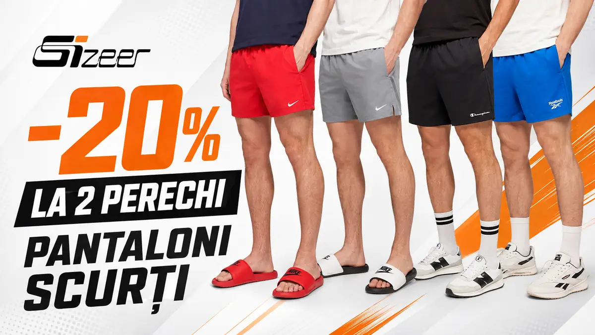 Ofertă Sizeer cu -20% la două perechi de pantaloni scurți sport, în roșu, gri, negru și albastru.