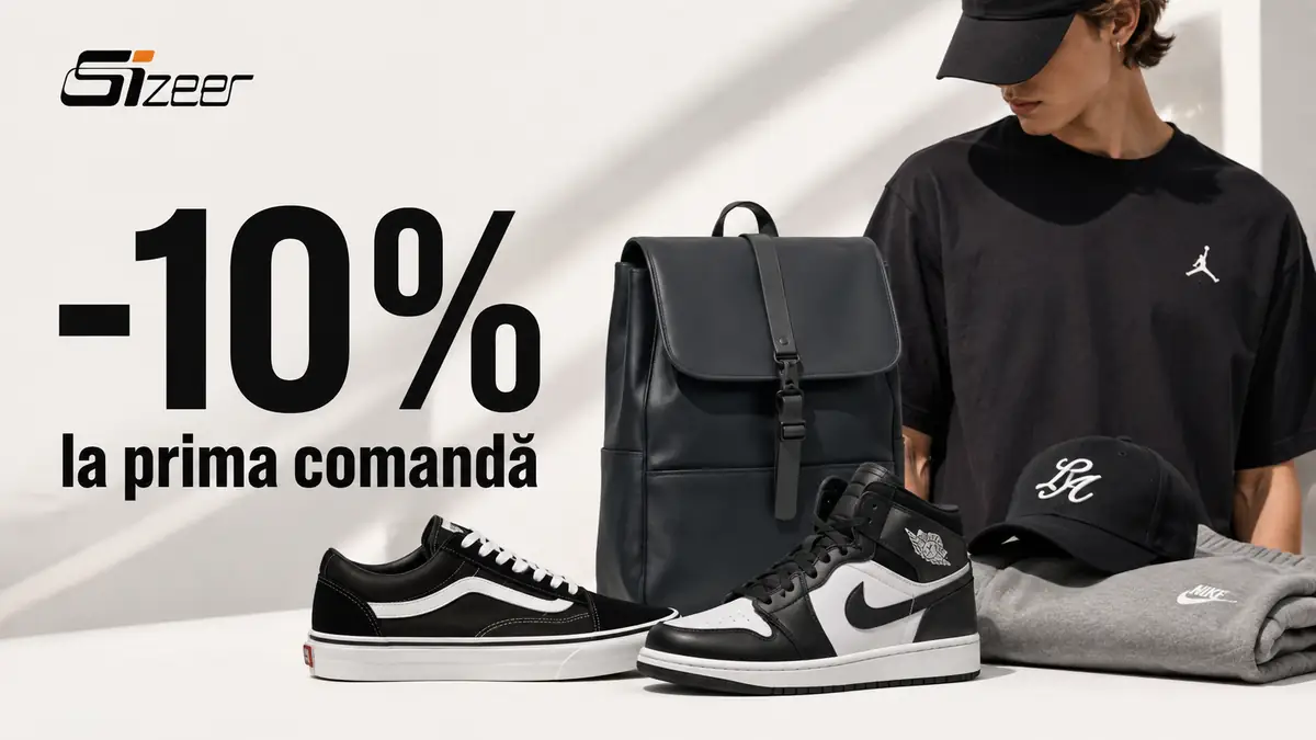 Banner Sizeer cu reducere de 10% la prima comandă, sneakers, rucsac și articole streetwear.