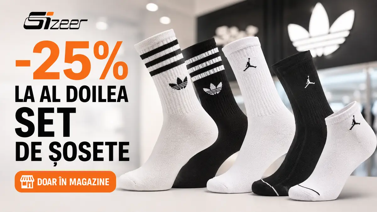 Ofertă Sizeer cu -25% la al doilea set de șosete Adidas și Jordan, valabilă doar în magazine.