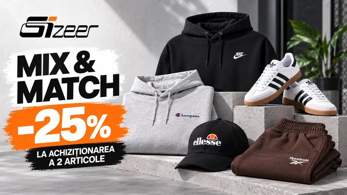 Hanorace, pantaloni, sneakers și șapcă Sizeer, promovând reducerea de 25% la cumpărarea a 2 articole.