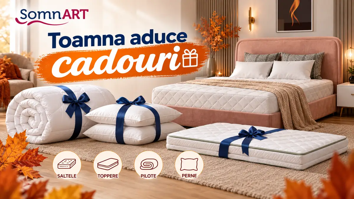 Banner SomnART cu pat roz, saltea, pilote, perne și topper cu funde albastre, decor de toamnă și text Toamna aduce cadouri.