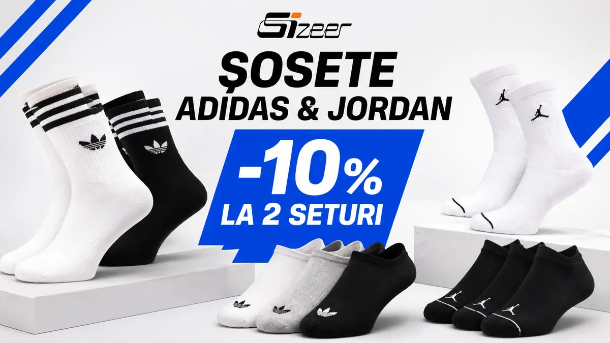 Șosete adidas și Jordan albe și negre, cu promoție Sizeer de -10% la achiziția a două seturi.