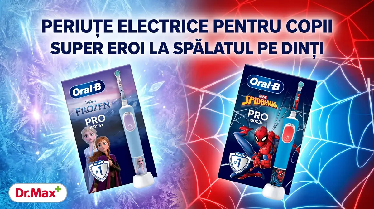 Ofertă Dr. Max la periuțe de dinți electrice Oral-B pentru copii, edițiile Frozen și Spider-Man.