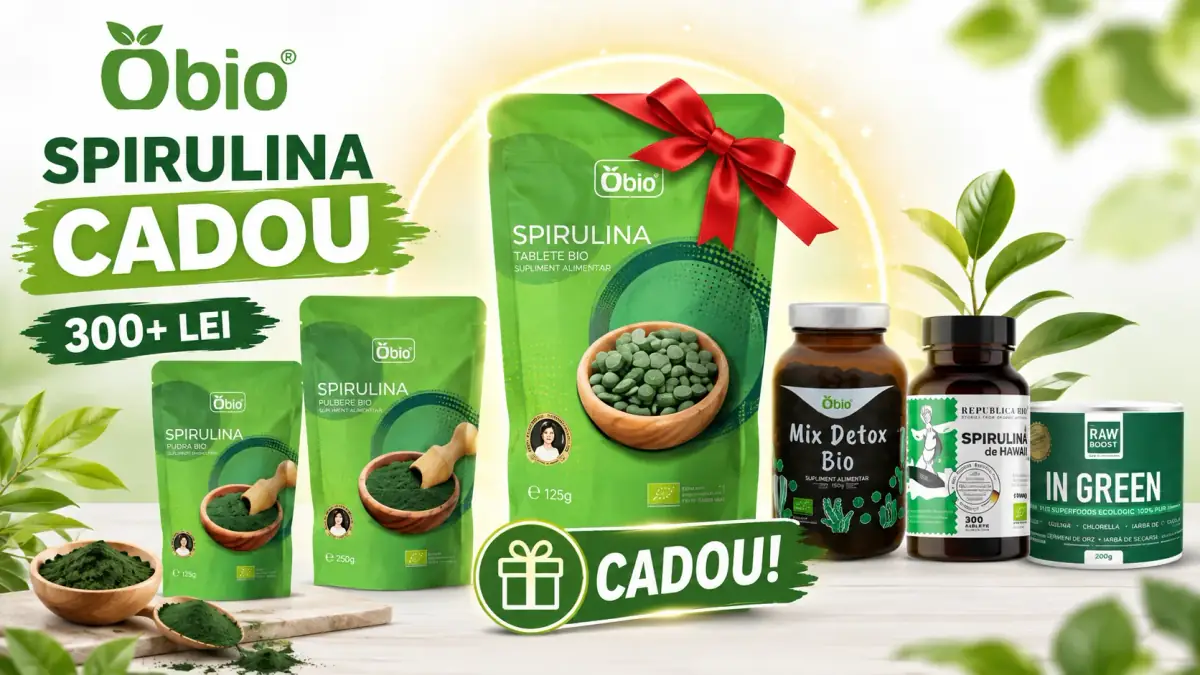Banner promoțional Obio cu produse din spirulină și suplimente verzi, evidențiind Spirulina tablete bio 125g oferită cadou la comenzi de peste 300 lei.