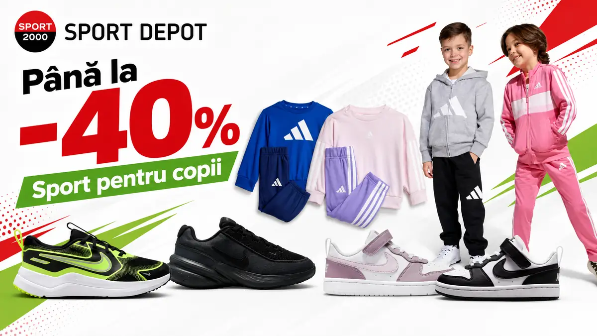 Banner Sport Depot cu până la -40% la articole sport pentru copii, cu haine și încălțăminte Nike și Adidas.