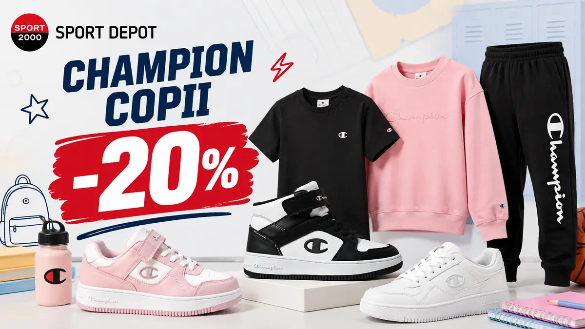 Îmbrăcăminte și încălțăminte Champion pentru copii, prezentate într-o reclamă Sport Depot cu reducere de 20%.