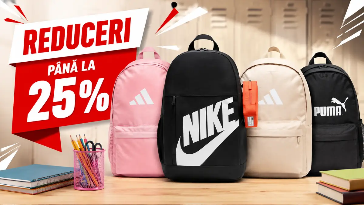 Reclamă Sport Depot cu rucsacuri Nike, Adidas și Puma și mesajul „Reduceri până la 25%” pentru școală și oraș.