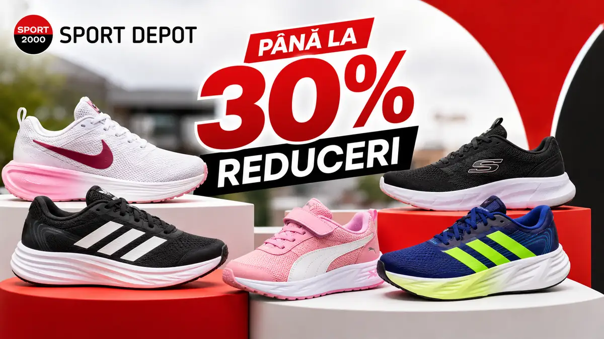 Banner Sport Depot cu cinci perechi de încălțăminte sport și mesaj mare „Până la 30% reduceri”.