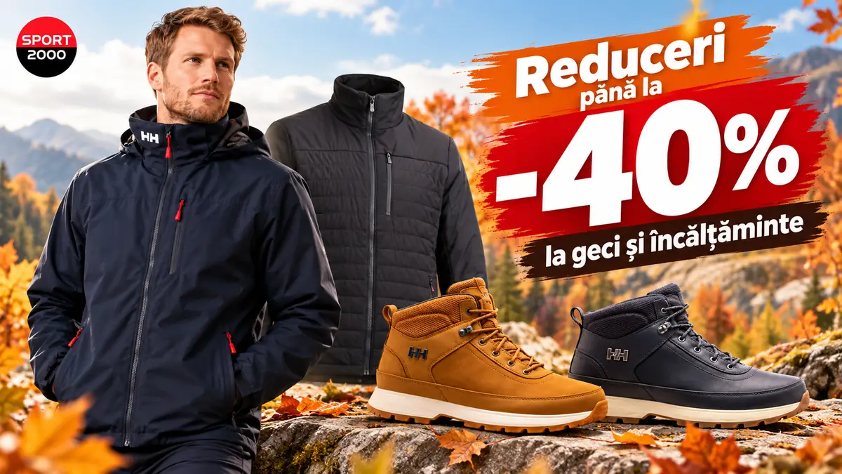 Bărbat cu geacă outdoor, două ghete și o geacă neagră, alături de mesajul „Reduceri până la -40%”.