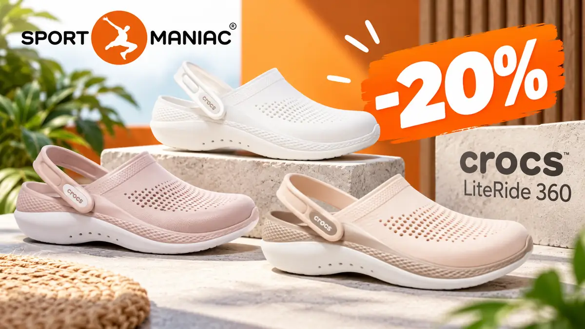 Trei saboți Crocs LiteRide 360 în alb, roz și bej, cu logo Sport Maniac și reducere de 20%.