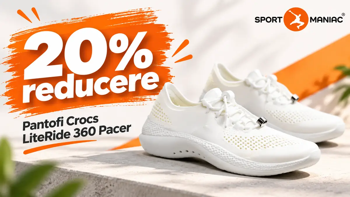 Banner Sportmaniac cu pantofi albi Crocs LiteRide 360 Pacer și text mare „20% reducere” pe fundal alb-portocaliu.