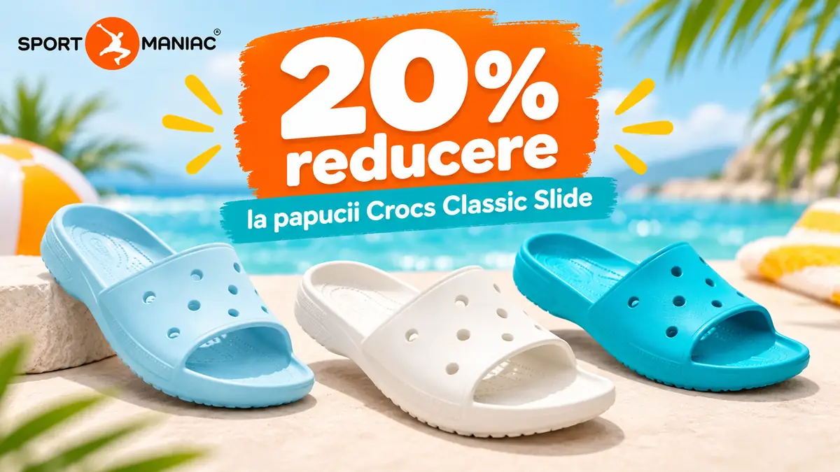Logo Sportmaniac, trei papuci Crocs Classic Slide albastru, alb și turcoaz și textul „20% reducere”.