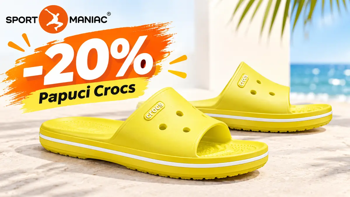Papuci Crocs galbeni pe fundal estival, cu logo Sportmaniac și mesaj promoțional „-20% Papuci Crocs”.