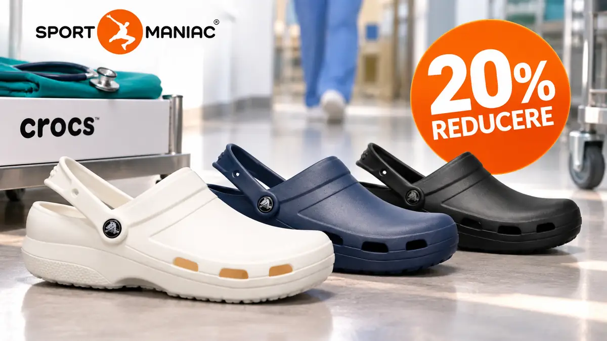 Trei saboți Crocs albi, bleumarin și negri, într-un decor medical, cu logo Sport Maniac și reducere 20%.