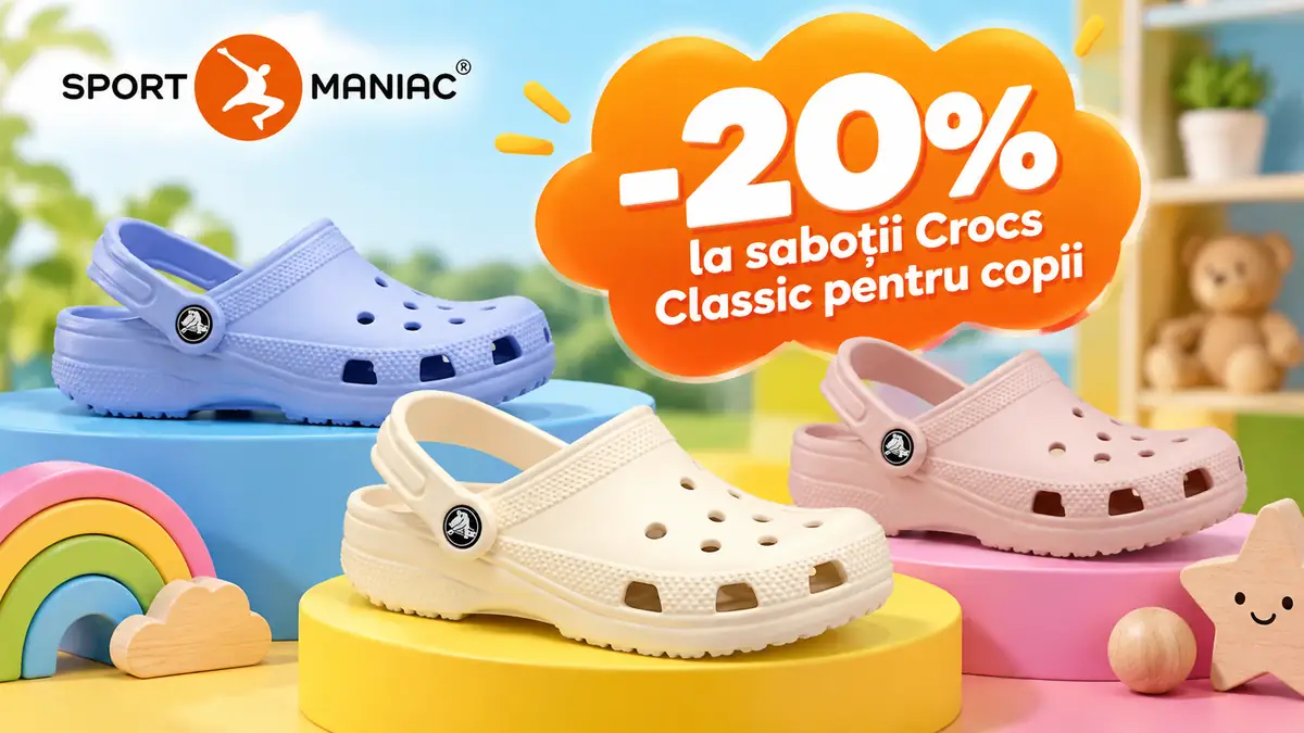 Trei saboți Crocs pentru copii, albastru, crem și roz, cu logo Sportmaniac și mesaj de reducere 20%.