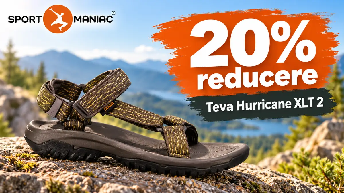 Sandală Teva Hurricane XLT 2 pe stâncă, peisaj montan, logo Sport Maniac și text mare „20% reducere”.