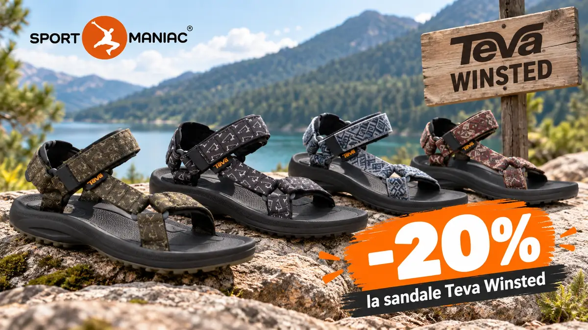 Patru sandale Teva Winsted pe stânci, lângă un lac montan, cu logo Sportmaniac și mesajul -20%.