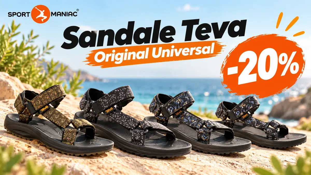 Patru sandale Teva pe stâncă, lângă mare, cu logo Sportmaniac și textele „Sandale Teva”, „Original Universal” și „-20%”.