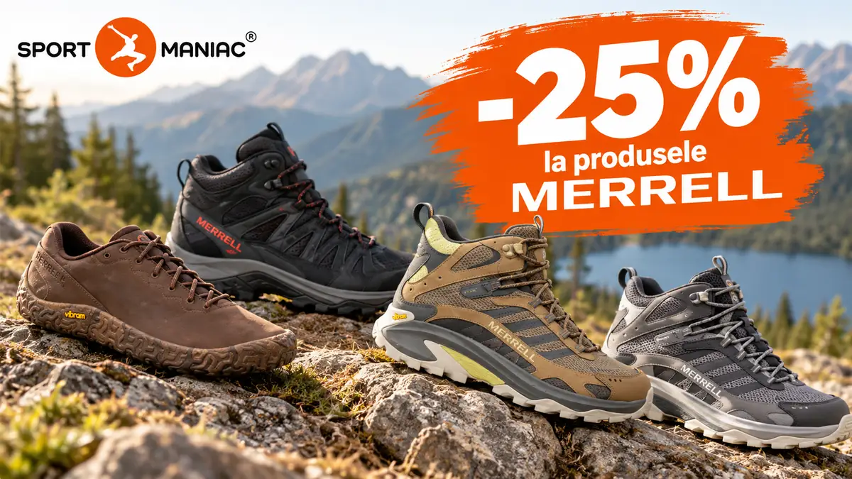 Patru pantofi Merrell pe stânci, în peisaj montan, cu logo Sportmaniac și mesajul „-25% la produsele MERRELL”.