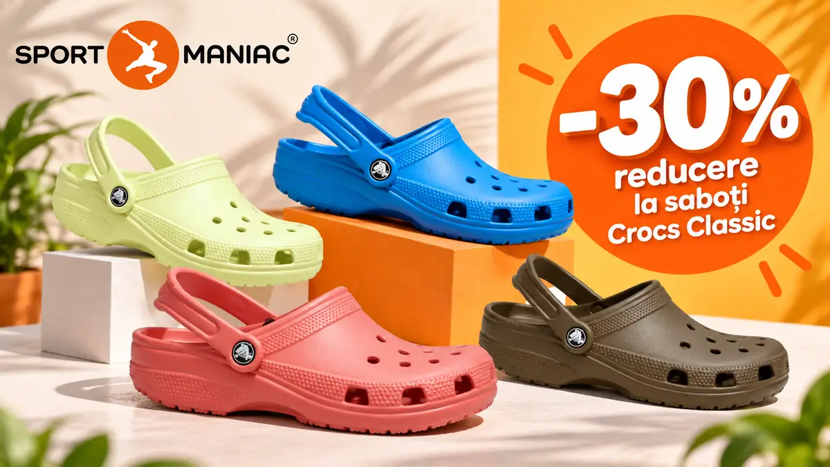Patru saboți Crocs Classic colorați, logo Sportmaniac și mesajul „-30% reducere la saboți Crocs Classic”.