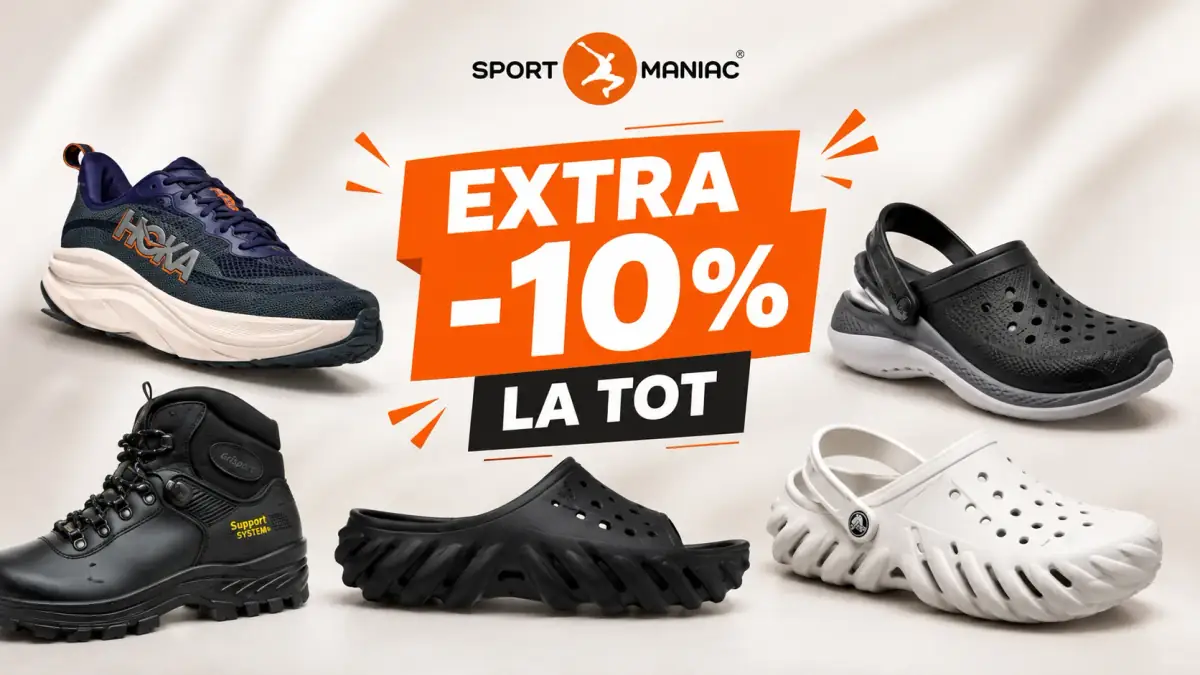 Încălțăminte Sportmaniac: HOKA, Crocs și Grisport, cu reducere extra de 10% la toate produsele.