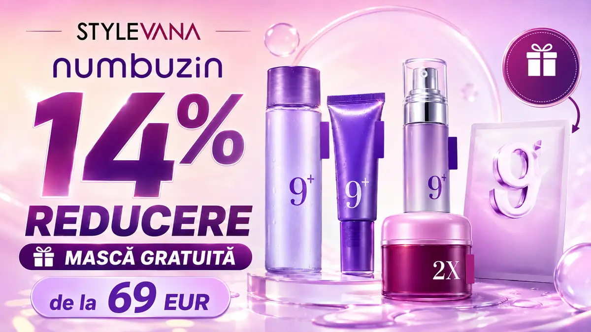 Promoție Stylevana Numbuzin cu 14% reducere, produse mov de skincare și mască gratuită la comenzi de la 69 EUR.