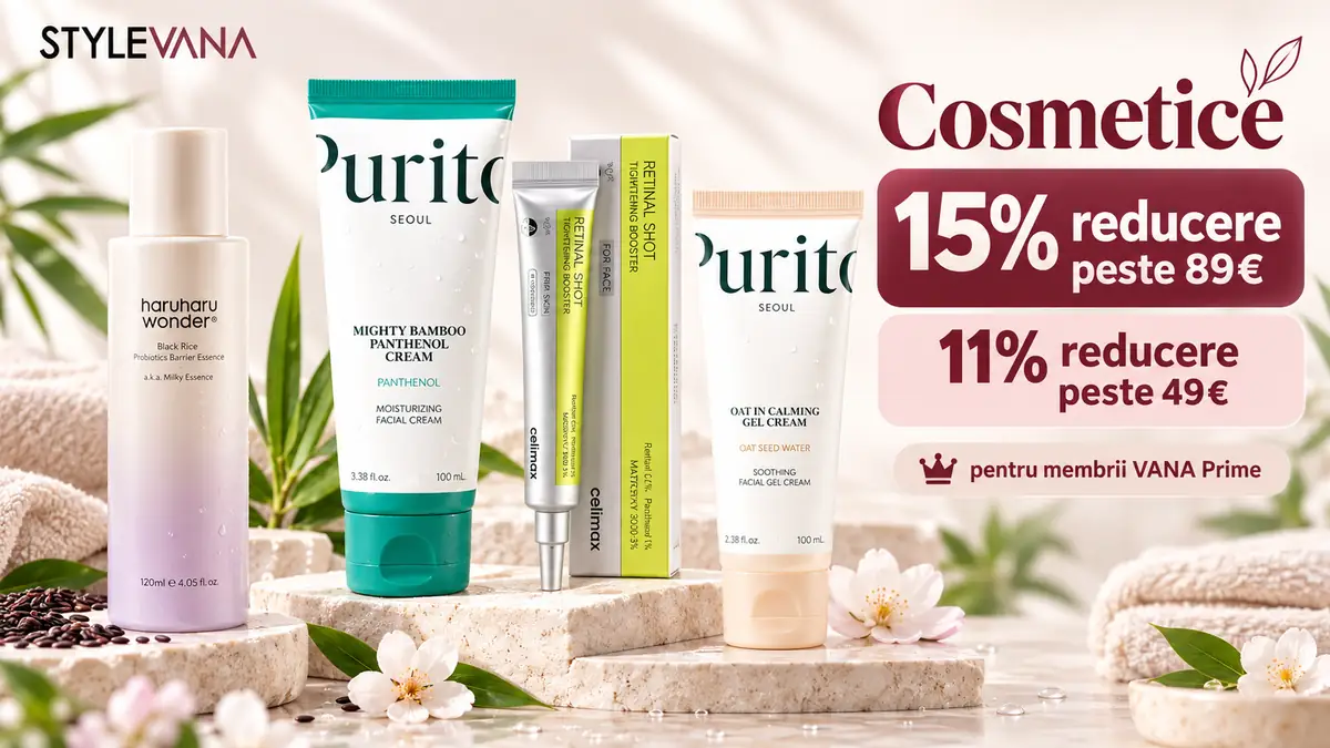 Patru produse cosmetice Stylevana, cu reduceri de 15% peste 89€ și 11% peste 49€ pentru membrii VANA Prime.