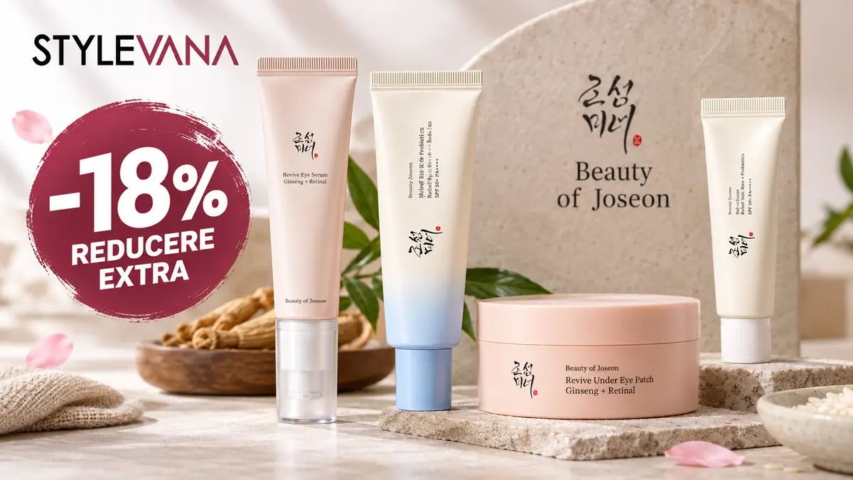 Produse Beauty of Joseon pentru ten, logo Stylevana și mesaj mare „-18% reducere extra” pe fundal bej.