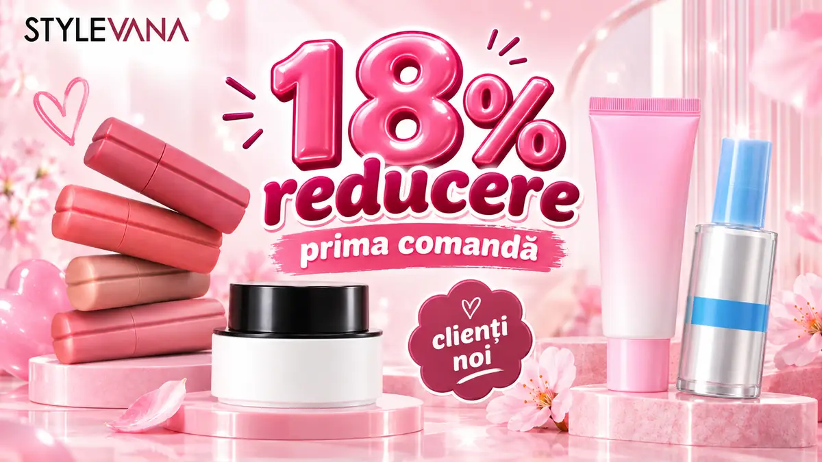 Produse cosmetice Stylevana pe fundal roz, cu 18% reducere la prima comandă pentru clienți noi.