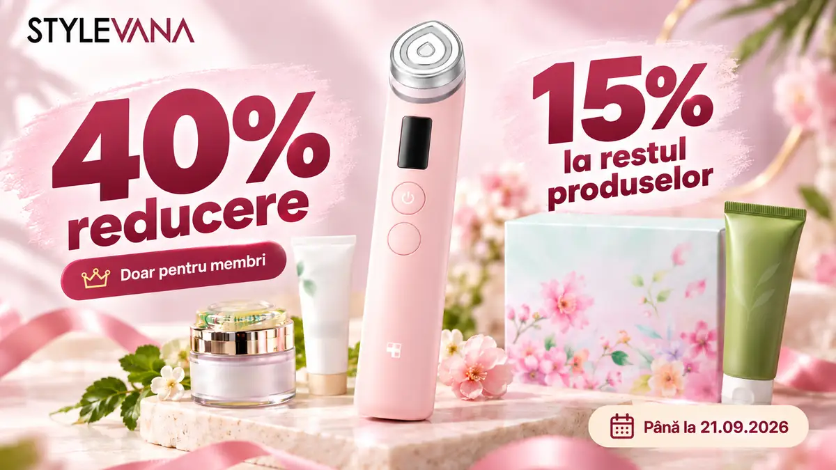 Reclamă Stylevana cu dispozitiv facial roz, cosmetice, 40% reducere, 15% la restul produselor și termen 21.09.2026.