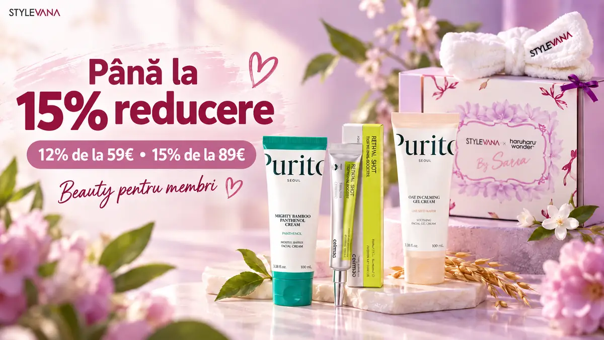 Produse de skincare Stylevana și set cadou, promovate cu reduceri de 12% și până la 15%.