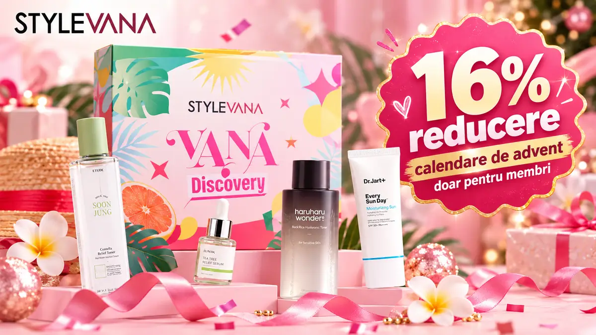 Calendar advent Stylevana cu produse de îngrijire, fundal roz festiv și mesaj 16% reducere pentru membri.