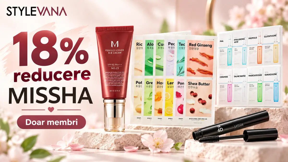 Produse MISSHA pentru machiaj și îngrijire, alături de mesajul „18% reducere” și sigla Stylevana.