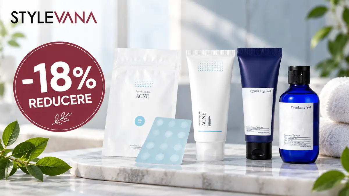 Produse Pyunkang Yul pentru îngrijirea tenului, alături de logo Stylevana și reducere de 18%.