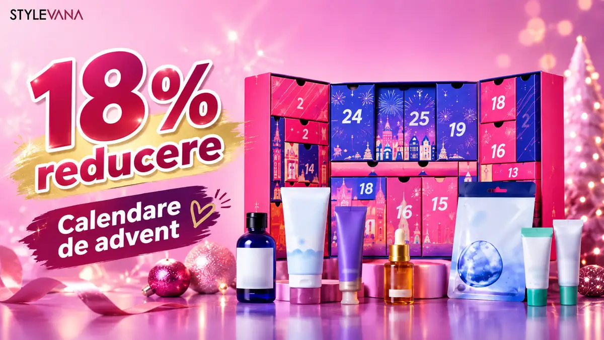Calendar advent Stylevana cu produse cosmetice, pe fundal roz festiv, alături de textul „18% reducere”.
