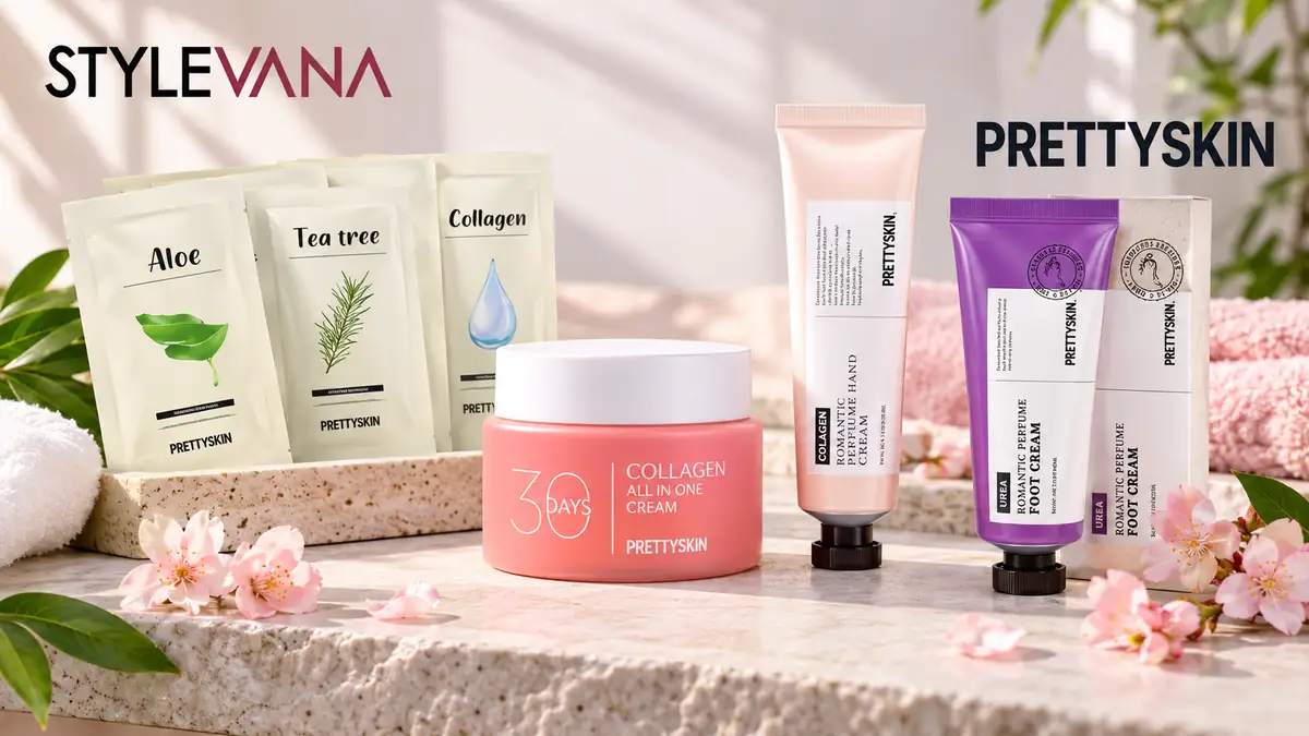 Produse PRETTYSKIN pentru îngrijirea pielii, măști, cremă cu colagen și creme de mâini și picioare.
