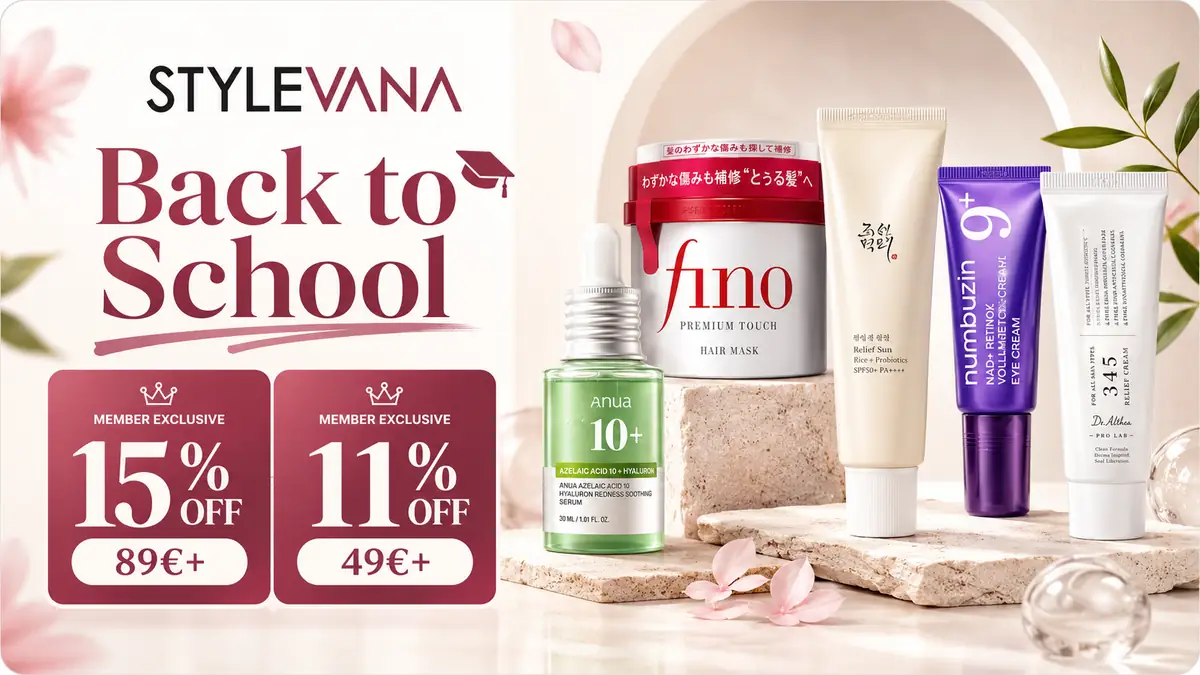 Promoție Stylevana Back to School cu produse populare de skincare și K-Beauty, cu 15% reducere la comenzi de minimum 89€ și 11% la comenzi de minimum 49€.